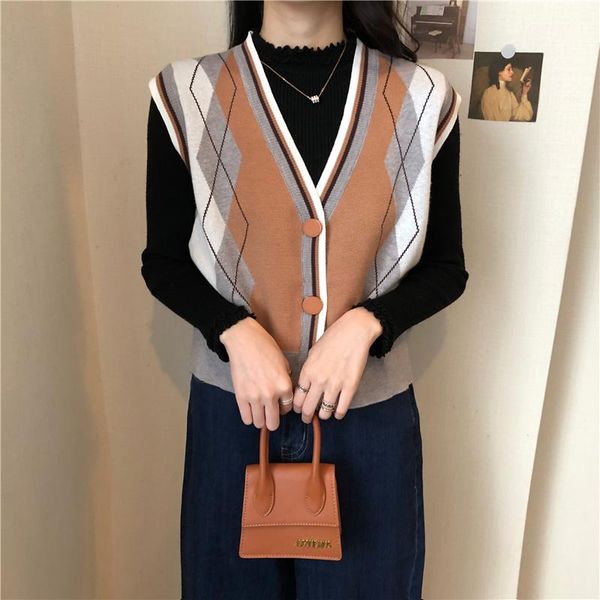 

women's vests 2021 vintage contrast color sweater vest for women autumn winter button argyle knitted sleeveless jecket chaleco mujer, Black;white
