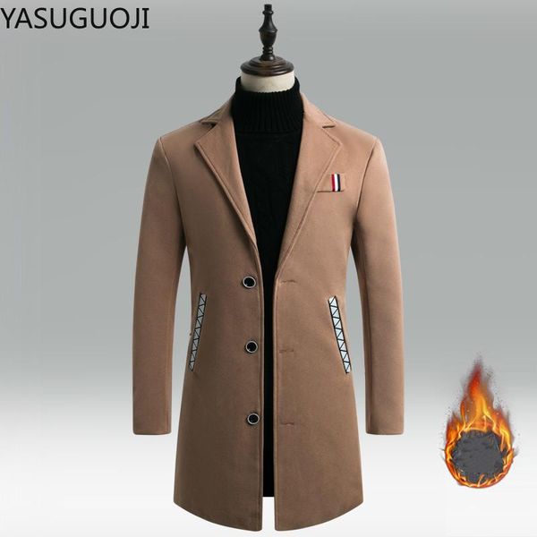 

yasuguoji new wool blend coat men winter thicken men's fashion wild overcoat male thicken keep warm casual woolen pea coat, Black