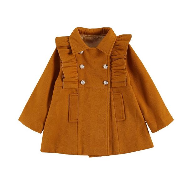 

2021 fashion 1-6y fall winter kids baby girls coats double breasted brown solid ruffle long sleeve pockets outwears, Blue;gray