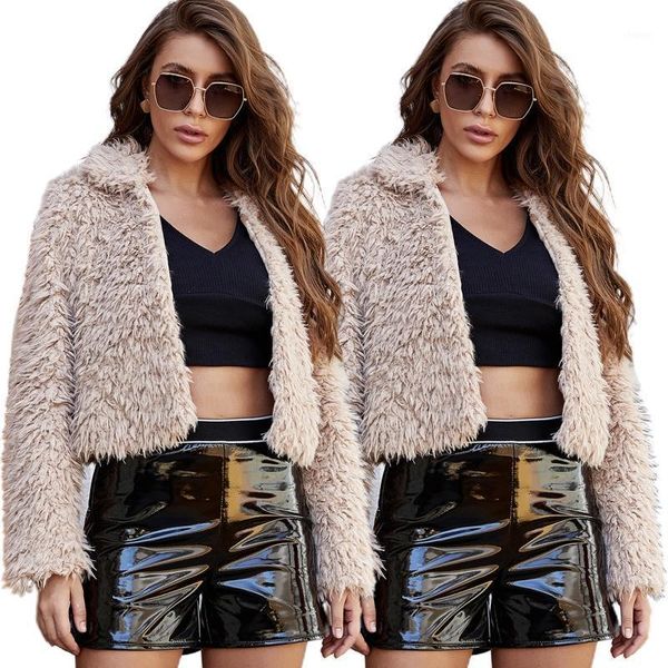 

women winter long sleeve open front jacket fluffy plush shaggy lapel collar cropped coat solid color warm loose fitting outwear1, Black;brown