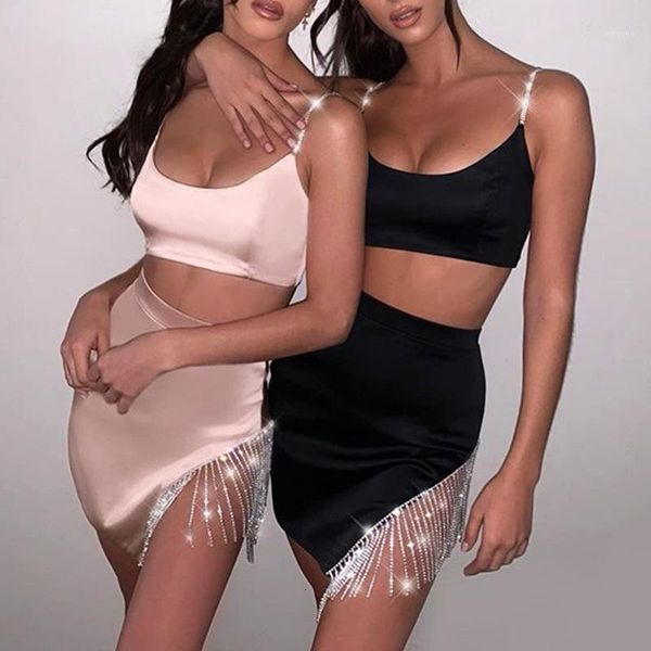 

sleeveless backless package hip shiny rhinestone women two piece set spaghetti strap zipper crop crystal tassel skirts1, Gray