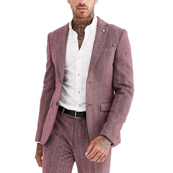 

men's suits & blazers formal pink wool tweed men herringbone for winter wedding groom tuxedo 3 piece jacket waistcoat with pants 2021, White;black