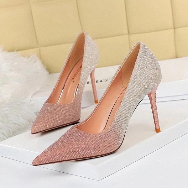 

bling nightclub women pumps spring metal thin heels pink sliver sequins pointed toe dress female boat shoes fashion 9.5cm #uf3u, Black