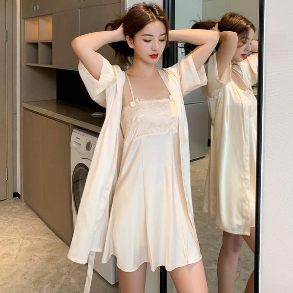 

women's sleepwear summer ice silk thin lace 2021 spring and autumn suspender nightgown two piece set robe sets, Black;red