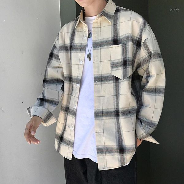 

autumn cotton plaid shirt men's fashion retro casual shirt men streetwear wild loose long-sleeved shirts mens s-3xl1, White;black