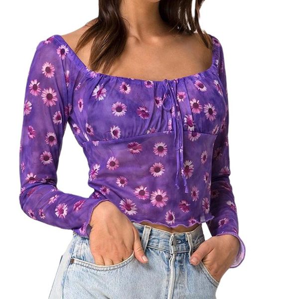 

women's blouses & shirts women autumn clothing floral printing sheer boat collar long sleeve close fitting blouse for girls, White