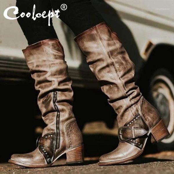 

coolcept knee high boots women winter snake print buckle high heel boots european zipper knight footwear long size 35-431, Black