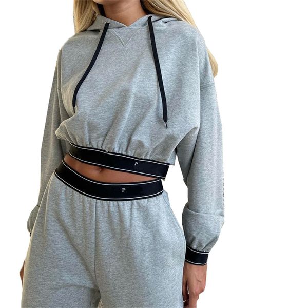 

new designer hooded tracksuits 2 piece set webbing short waist closing jacket women straight pants, Gray