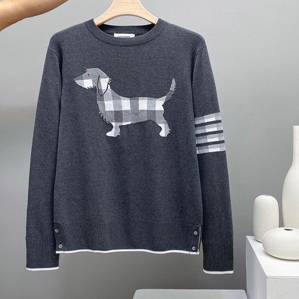 

men and women autumn and winter thom new tb plaid puppy jacquard four-bar crew neck knitted sweater browne 2020, White;black