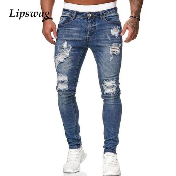 

2021 spring men's casual elasticity pencil pants vintage slim ripped jeans for male autumn fashion bleached trouser streetwear, Blue