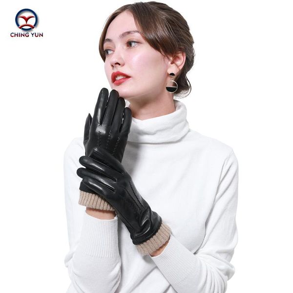 

five fingers gloves 2021 winter women genuine leather warm knitted wrist external suture soft sheepskin high-grade ladies mittens, Blue;gray