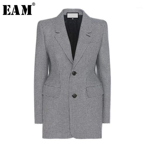 

eam] women gray plaid split joint temperament blazer new lapel long sleeve loose fit jacket fashion spring autumn 2020 oa8171, White;black
