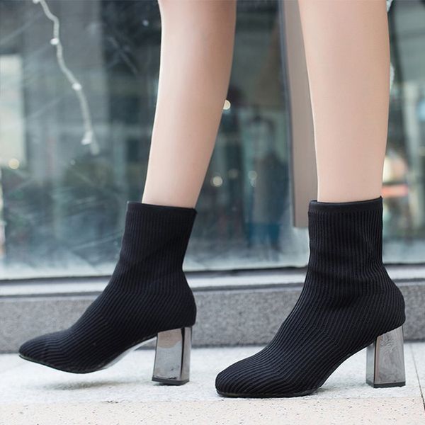 

2021 new women stretch knitting autumn ankle sock boots ladies square toe woman slip on chunky high heels fashion shoes 73zb, Black