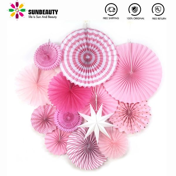 13 stücke Geburtstag Windräder Rosa Party Dekorationen Hängen Papier Fans Blume Hochzeit Baby Dusche Rose Anniversaire Party Supplies Y200903