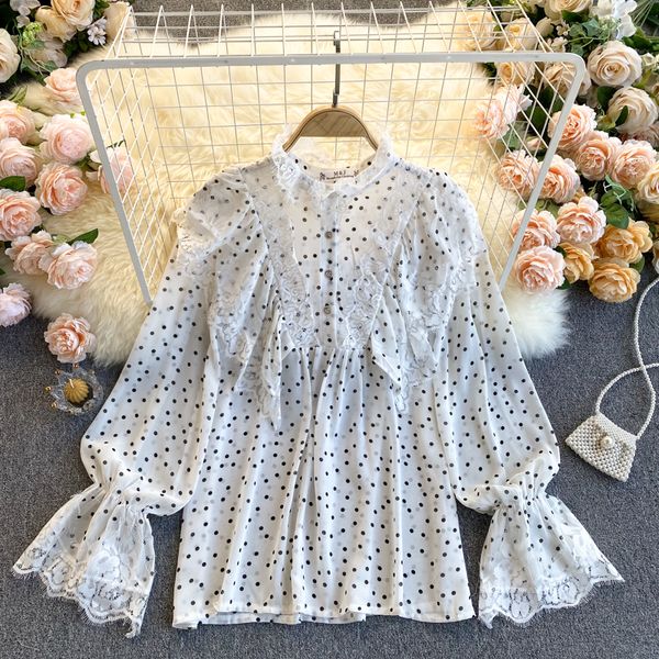 

2021 new vintage female ribbon spring blouse neck enlargement loose chiffon polka dot blouses style nmeu, White