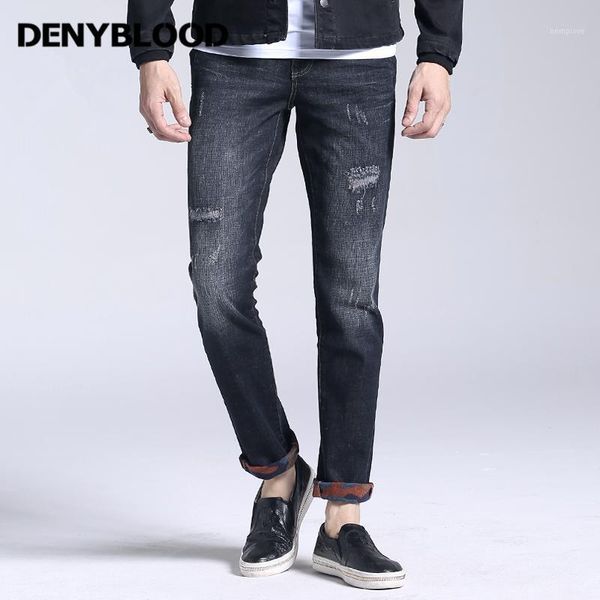 

denyblood jeans stretch slim straight jeans ripped distressed flower fleece warm 2020 autum new winter casual pants 1690711, Blue