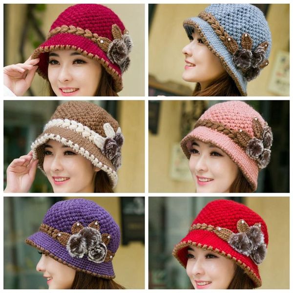 

retro vintage women ears hat ladies flowers knitted bucket cap inter warm casaul hat windproof cap, Blue;gray