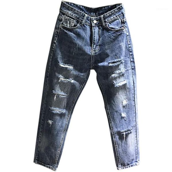 

spring summer new fashion hole jeans women loose ankle length harem pants plus size 26-311, Blue