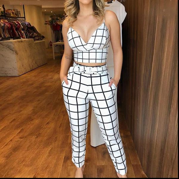 

women two piece sets summer short sleeveless grid plunge v neck wrapped plaid cami high waist bodycon ankle length pants, Gray