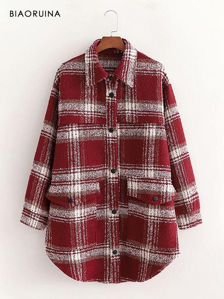 

biaoruina women's woolen red plaid single breasted long coat turn-down collar female elegant winter autumn fashion outerwear, Black