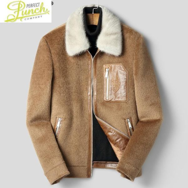 

winter men mink autumn fur collar real wool vicugna woolen coats streetwear mens jacket and coat f-xk-8919 my1898, Black