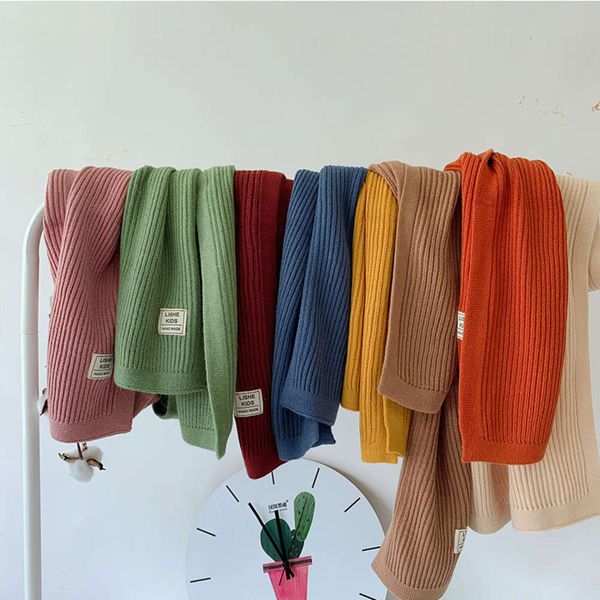 

children's small korean pure version label scarf ins autumn and winter candy color straight stripe knitting wool warm collar tide, Red;brown
