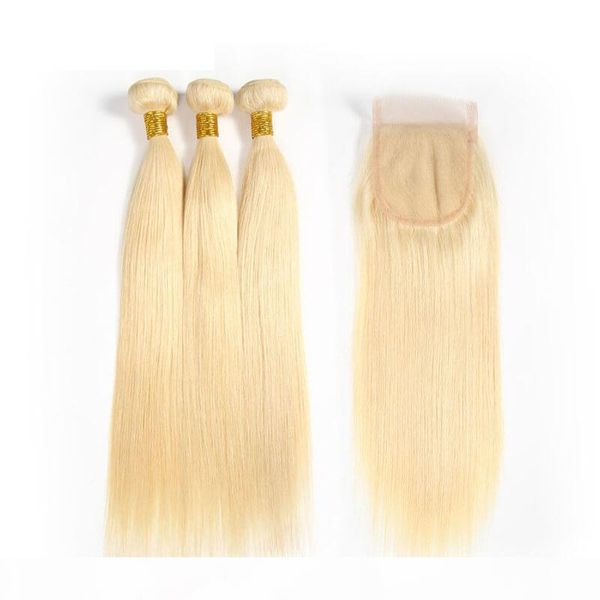 

virgin brazilian hair bundles 613 blonde human hair weaves weft with lace closure straight body wave human hair extensions, Black