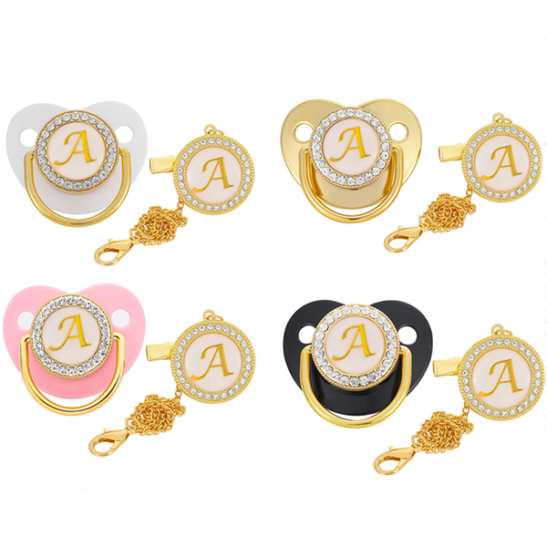 

gold bling pacifier baby pacifier clips chain 26 letters silicone infant rhinestone nipple bpa soother baby shower gifts