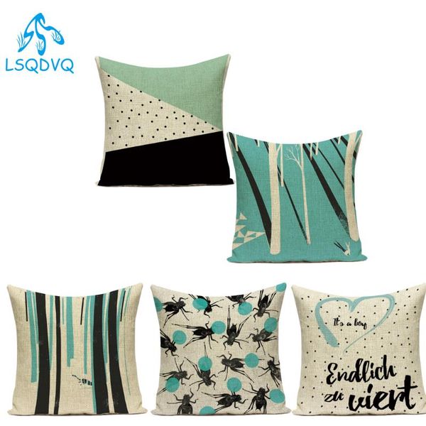 

cotton linen decorative throw pillows case blue green geometric trees pillow cushion cover for sofa home living room almofadas