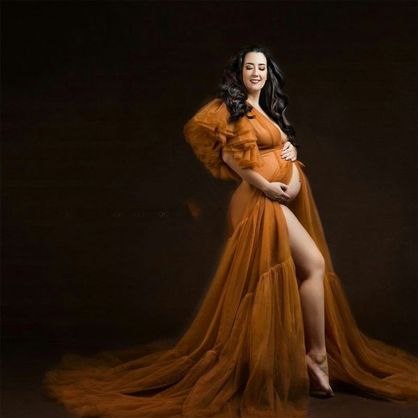 

chic ruffles ladies robes orange illusion tulle pregnant women party sleepwear for maternity shower nightrobes cheap, White