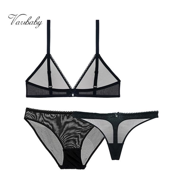 

varsbaby 3 pcs deep v bra+panties+thongs mesh lace wire underwear transparent unlined bra set c1212, Black;white