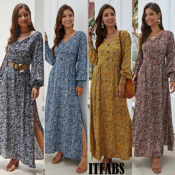 

women pleated long lantern sleeve v-neck floral printing boho casual long maxi dress1, Black;gray