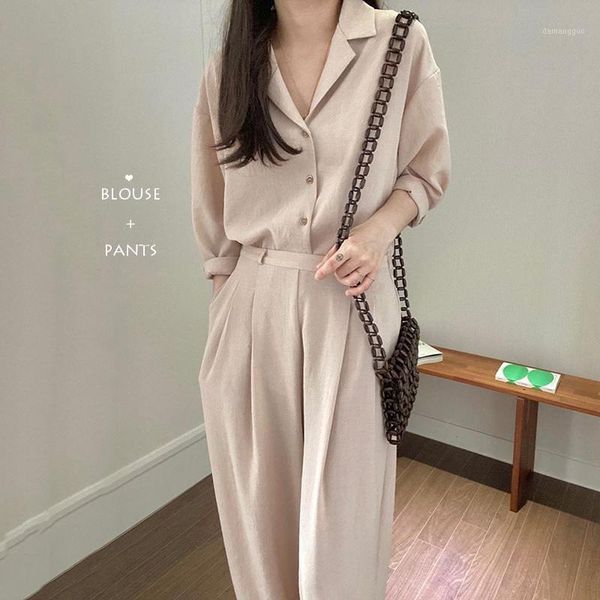 

2020 korean style two piece set women summer elegant single breasted long sleeve blouses and high waist wide leg long pants1, White