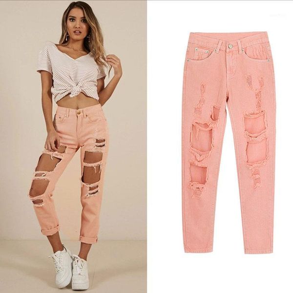 

2019 new women jeans hole ripped jeans for women loose cotton denim pants pink straight pencil panst plus size1, Blue