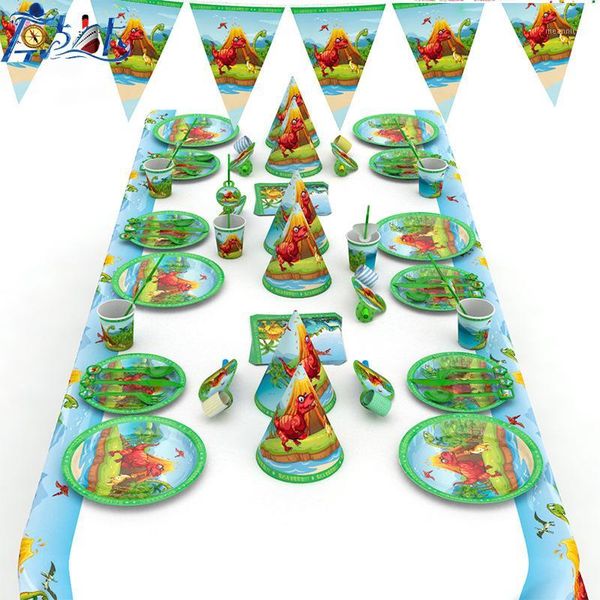 

66pcs dinosaur theme paper plate cup napkin tablecloth knive cap for kids birthday party supplies 6person use1