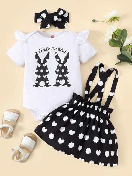 

baby letter and rabbit print bodysuit & pinafore skirt with headband she, White