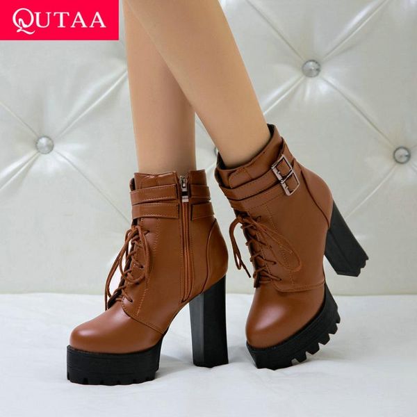 

boots qutaa 2021 ankle buckle square high heel lace up zipper short round toe platform autumn winter women shoes size34-43, Black