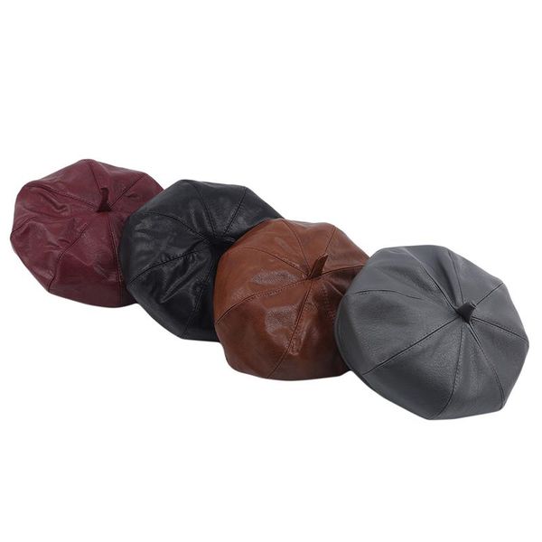 

wholesale 4 colors pu leather berets for women fashion ladies black caps stewardess red beret autumn winter artist hats, Blue;gray
