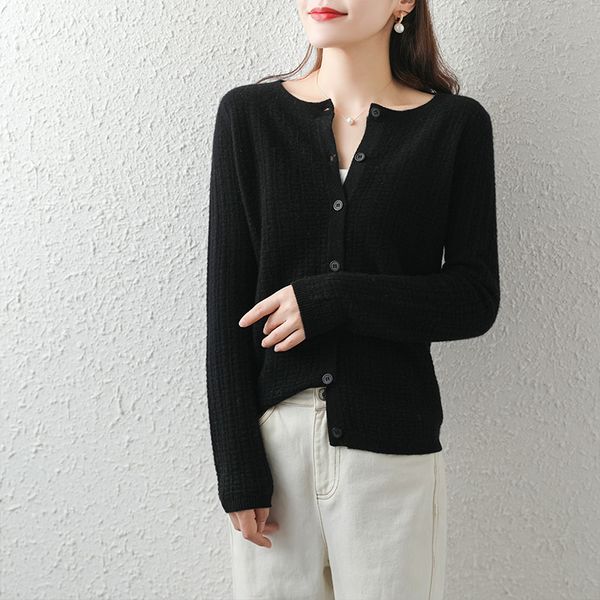 

2021 100% australian wool pure knitting cardigans o-neck long sell warm sweatshirt 4-colour women's mesh 7yjd, White;black