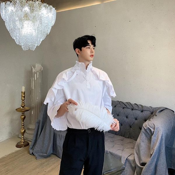 

men loose casual shirts front back wear stand collar shawl half sleeve shirt male women vintage pullover party show dress shirts, White;black