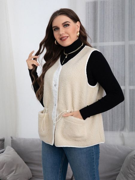 

plus drawstring waist pocket patched teddy vest jacket p4ff#, Black