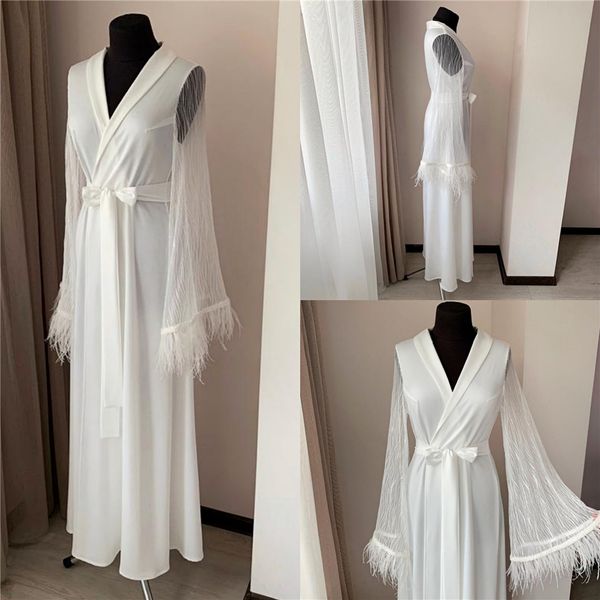 

2020 bridal white jacket night robe long sleeves lace feathers party sleepwear nightgowns with belt pregnant robes