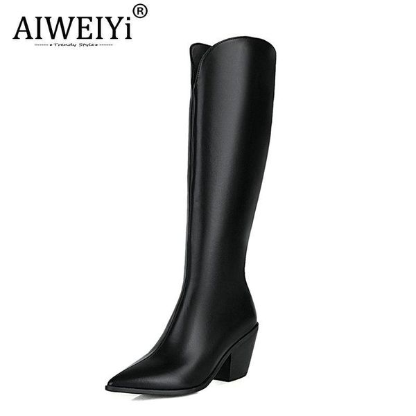 

aiweiyi knee high women boots chunky high heel pointed toe platform shoes fashion ladies boots size 34-43 female shoes, Black