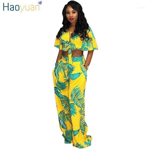 

haoyuan plus size two piece set women outfits bow tie +wide leg pants suits casual clothes floral print matching sets111, Gray