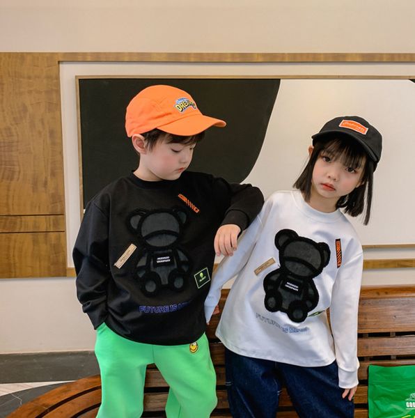 

kids bear letter printed sweatshirt 2021 spring new children round collar long sleeve sweatshirt boys girls cartoon jumper 2-12ta5445, Black