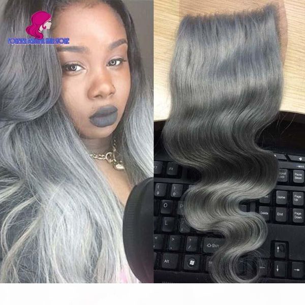 

4*4inch 10"-20" peruvian human hair brazilian body wave pure silver grey human hair closure bleached knots fast shipping, Black;brown