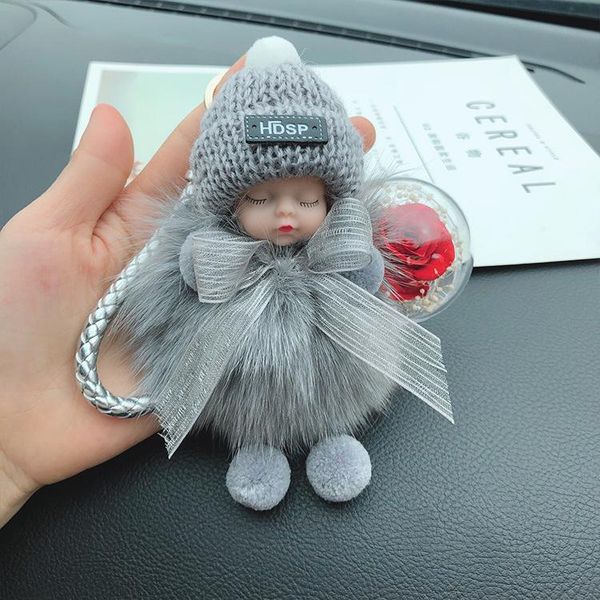 

keychains sleeping baby doll keychain natural fur ball plush key chain women car ring bag jewelry pendant female gift, Silver
