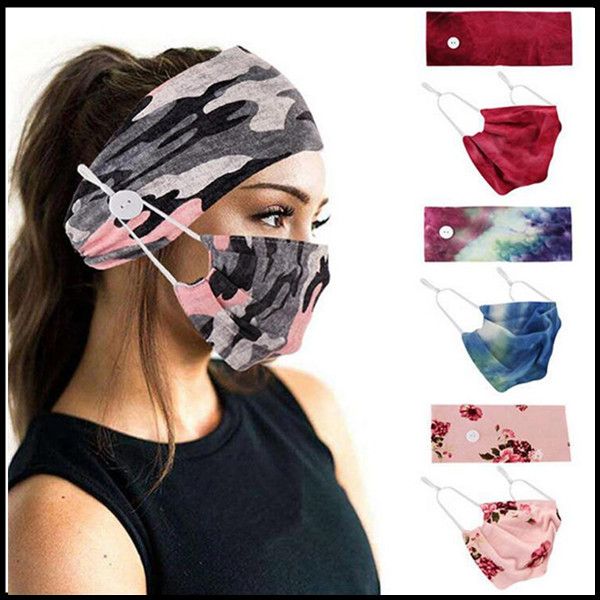 

breathable cotton face mask plus hairband yoga sport printed button elastic headband dustproof masks headscarf accessories