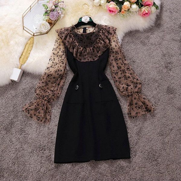 

2020 autumn winter new female chic o-neck butterfly sleeve ruffles lace a-line dresses women's elegant buttons dress, Black;gray