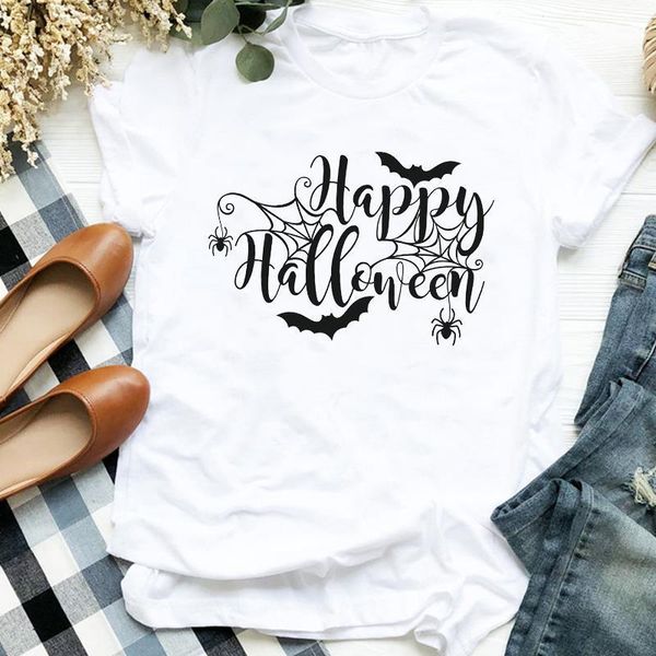 

women lady happy spider cartoon autumn fall halloween print tshirt shirt clothes graphic female t tee womens t-shirt, White